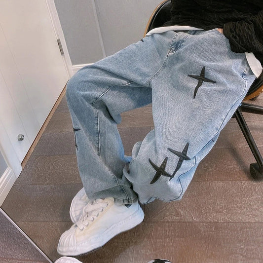 Y2K Straight Leg Cross Print Jeans