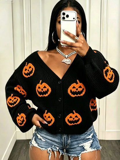 Y2K Black Pumpkin V-Neck Halloween Cardigan