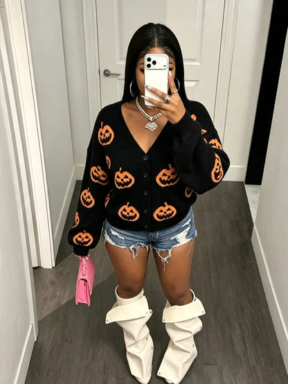 Y2K Black Pumpkin V-Neck Halloween Cardigan
