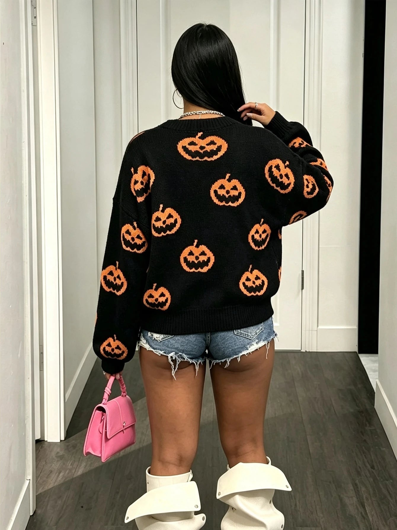 Y2K Black Pumpkin V-Neck Halloween Cardigan