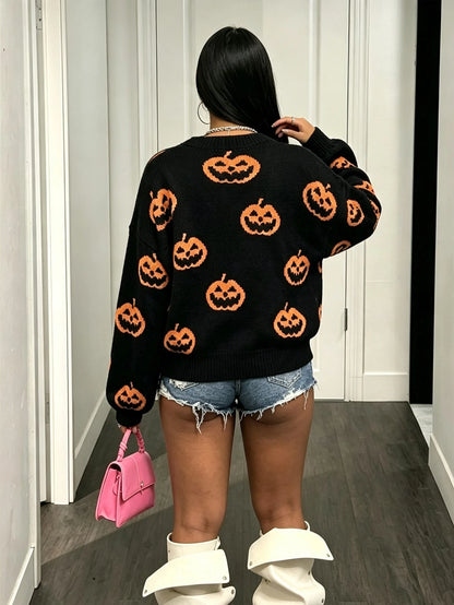 Y2K Black Pumpkin V-Neck Halloween Cardigan