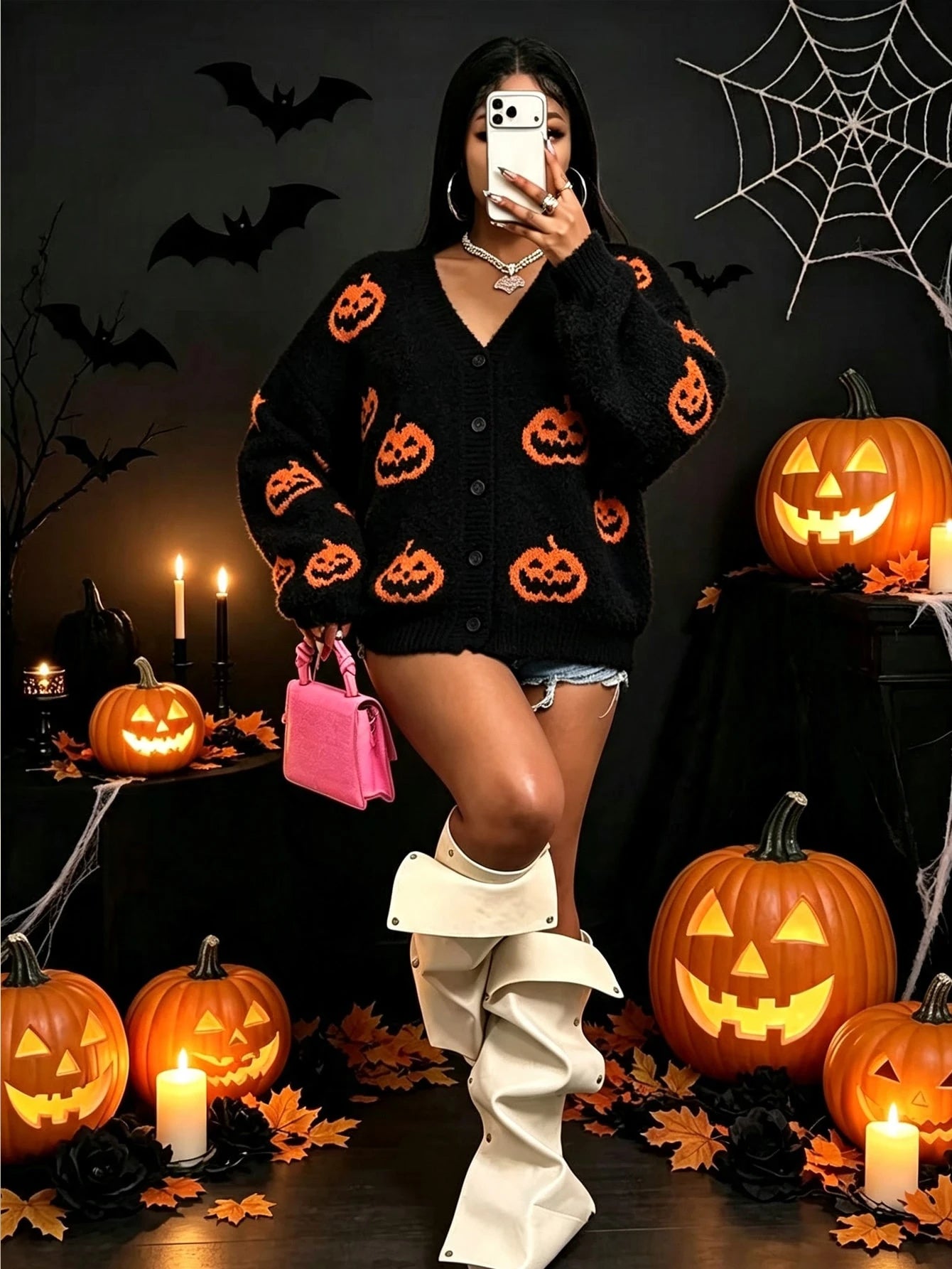 Y2K Black Pumpkin V-Neck Halloween Cardigan