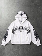 Y2K Gothic White Graphic Zip-Up Hoodie
