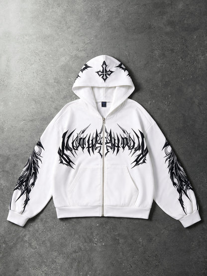 Y2K Gothic White Graphic Zip-Up Hoodie