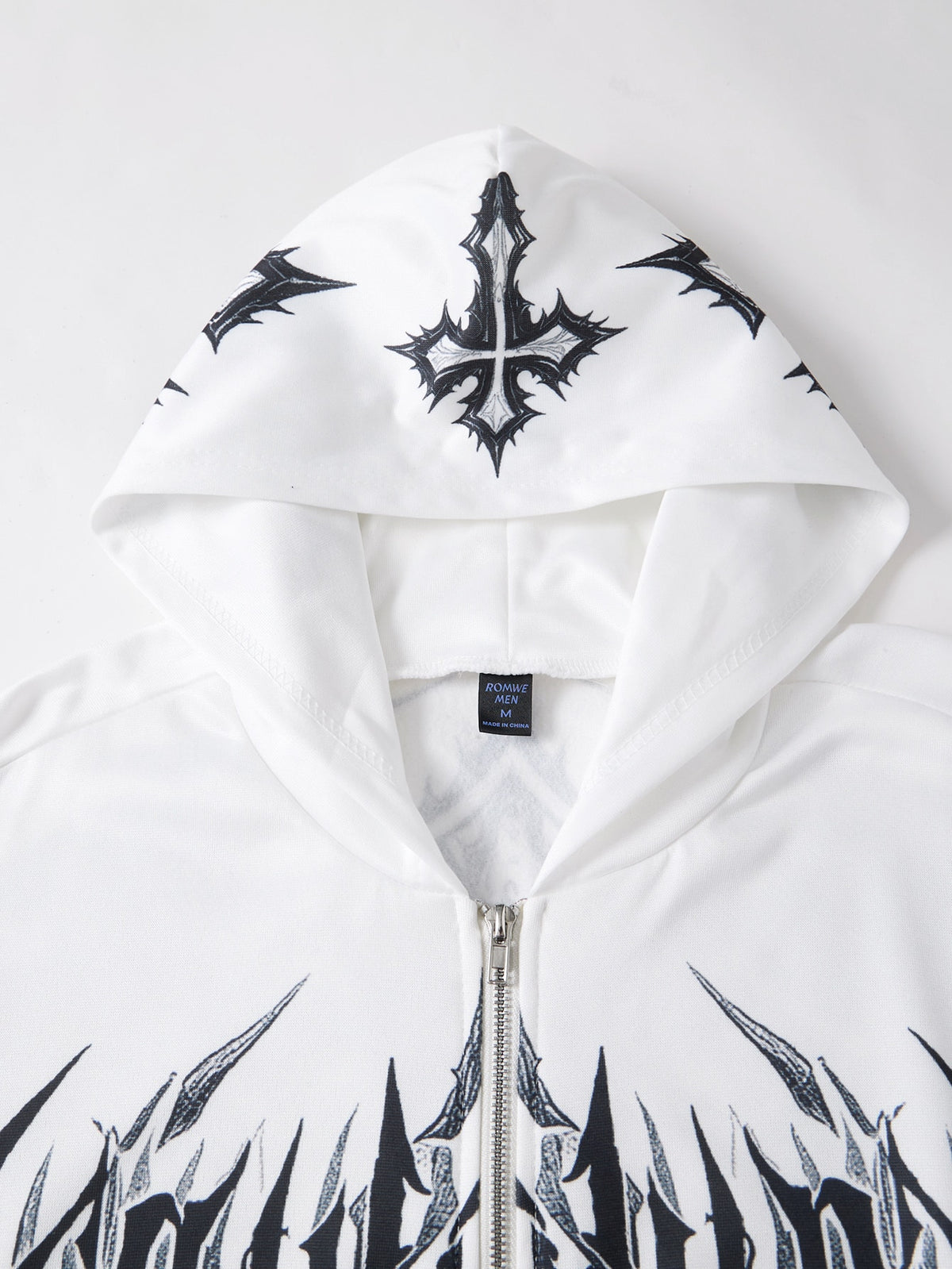 Y2K Gothic White Graphic Zip-Up Hoodie