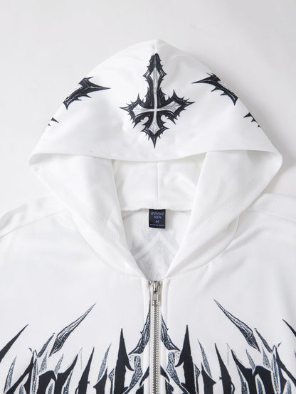 Y2K Gothic White Graphic Zip-Up Hoodie