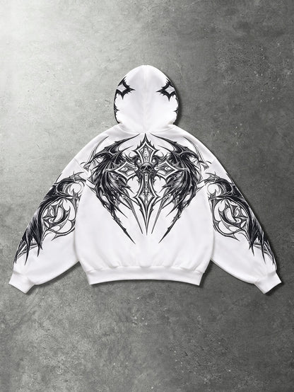 Y2K Gothic White Graphic Zip-Up Hoodie