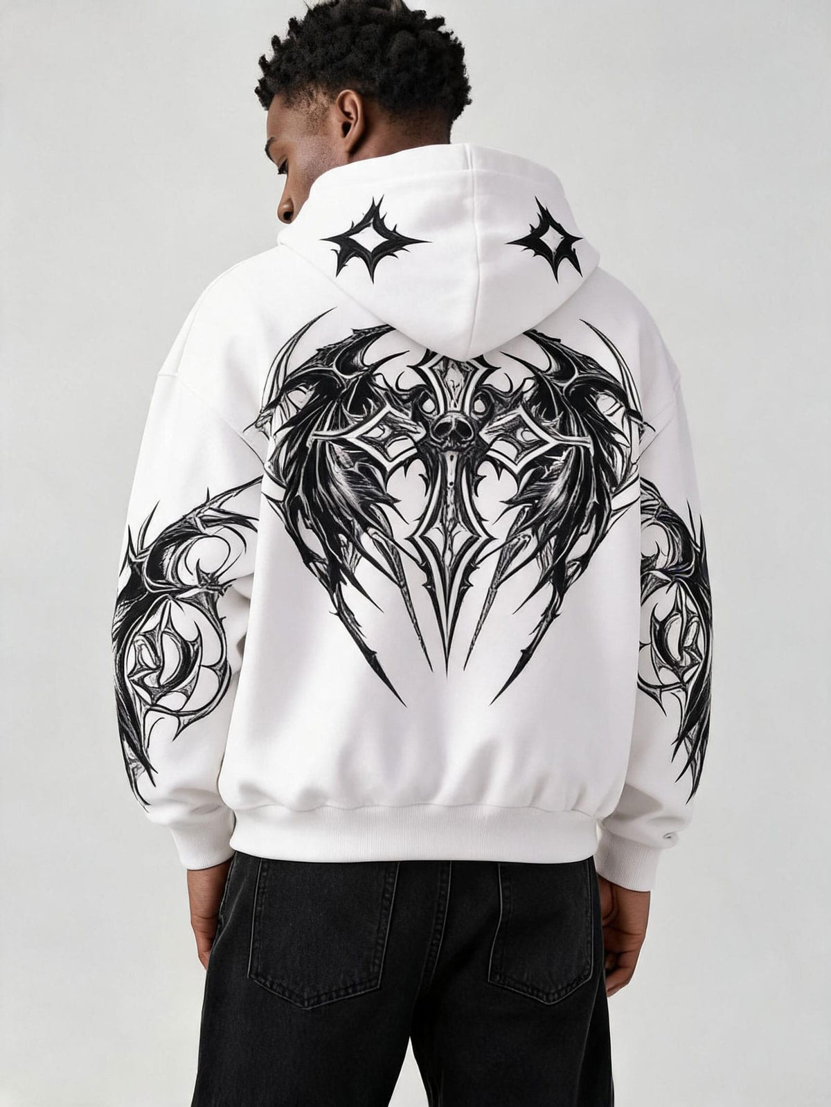 Y2K Gothic White Graphic Zip-Up Hoodie
