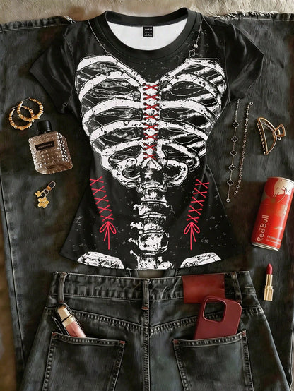 Y2K Grunge Skeleton Red Lace-Up Slim Fit T-Shirt