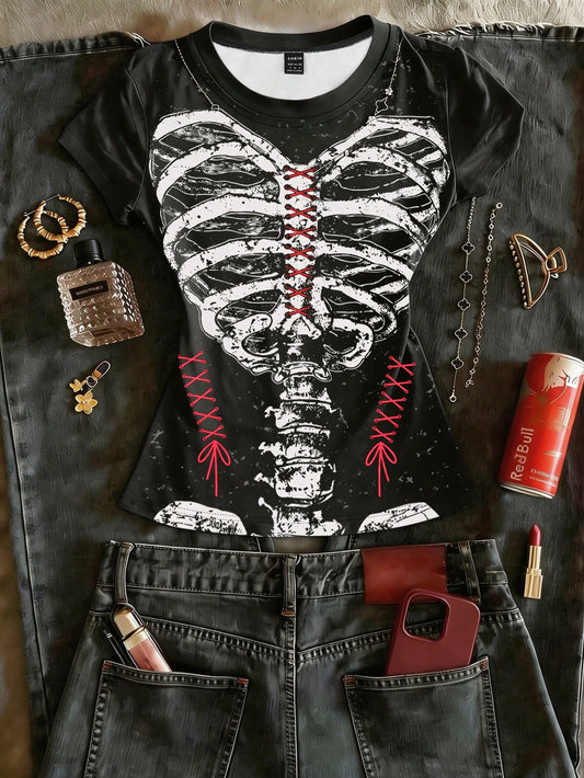 Y2K Grunge Skeleton Red Lace-Up Slim Fit T-Shirt