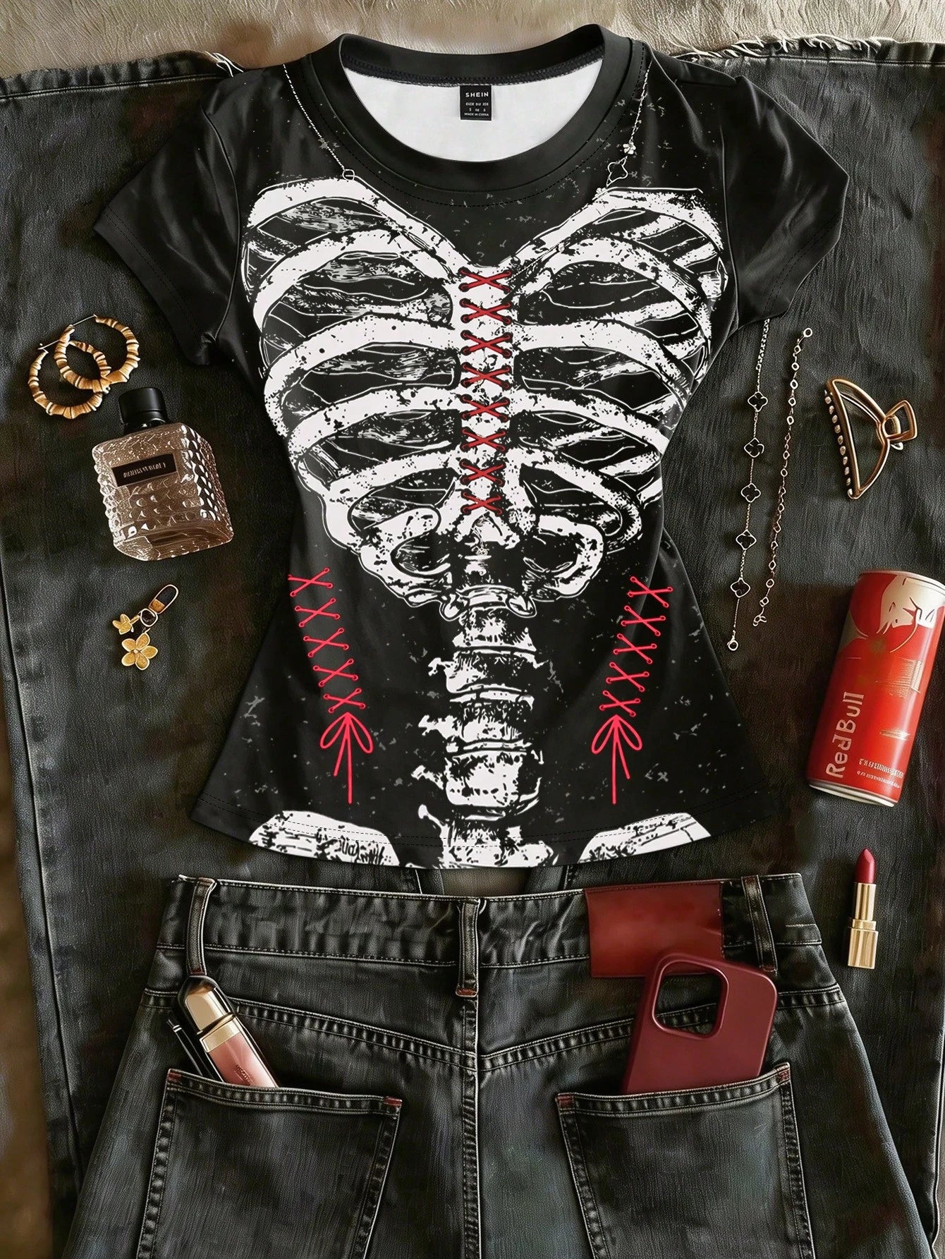 Y2K Grunge Skeleton Red Lace-Up Slim Fit T-Shirt