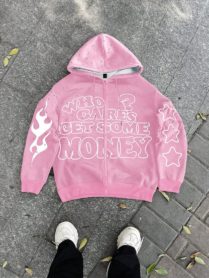 Y2K Rhinestone Pink Zip Pink Hoodie