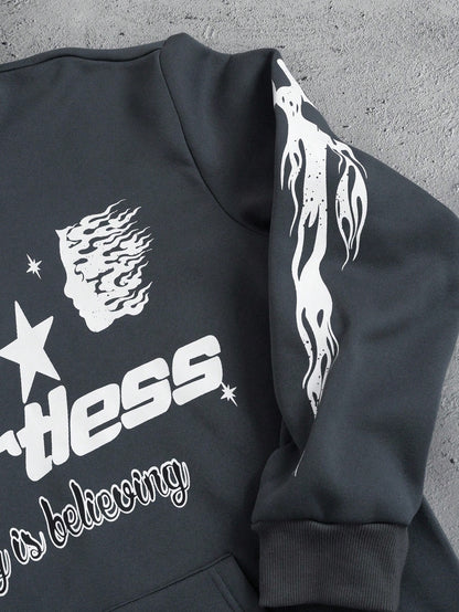 Y2K Star Heartless Graphic Dark Grey Hoodie