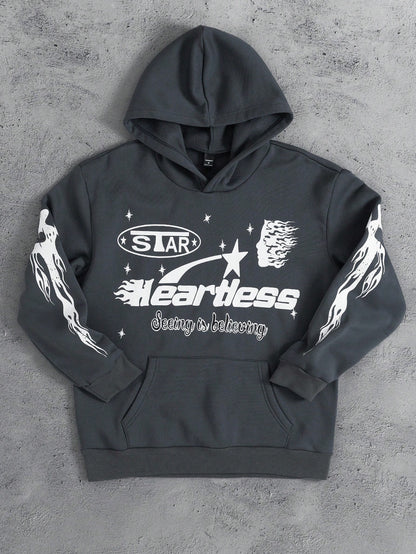 Y2K Star Heartless Graphic Dark Grey Hoodie