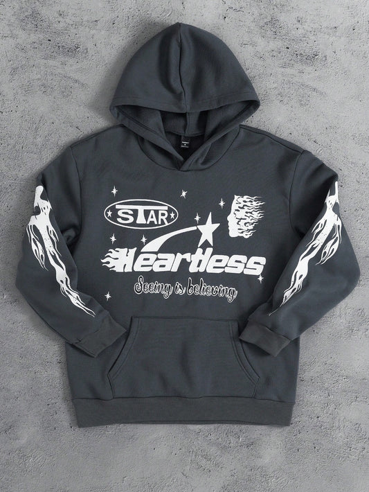 Y2K Star Heartless Graphic Dark Grey Hoodie