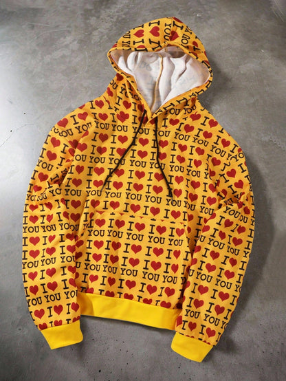 Yellow I Love You Heart Print Graphic Hoodie