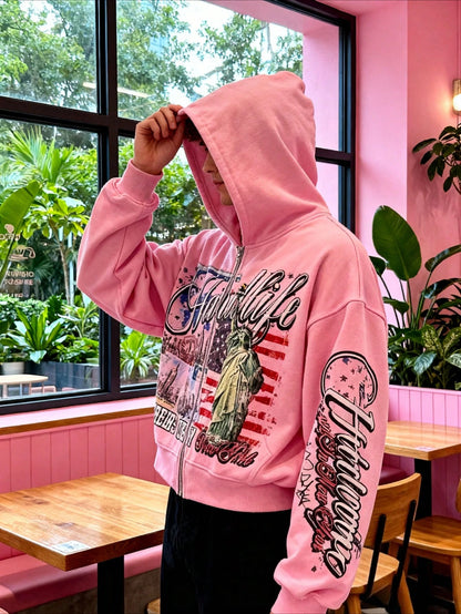 Yellow Y2K Graphic Print Zip Up Hoodie