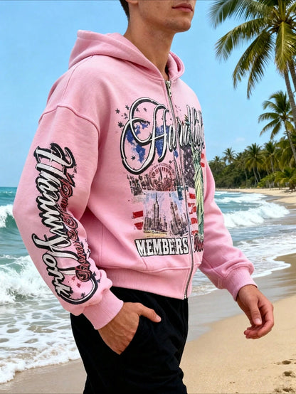 Yellow Y2K Graphic Print Zip Up Hoodie