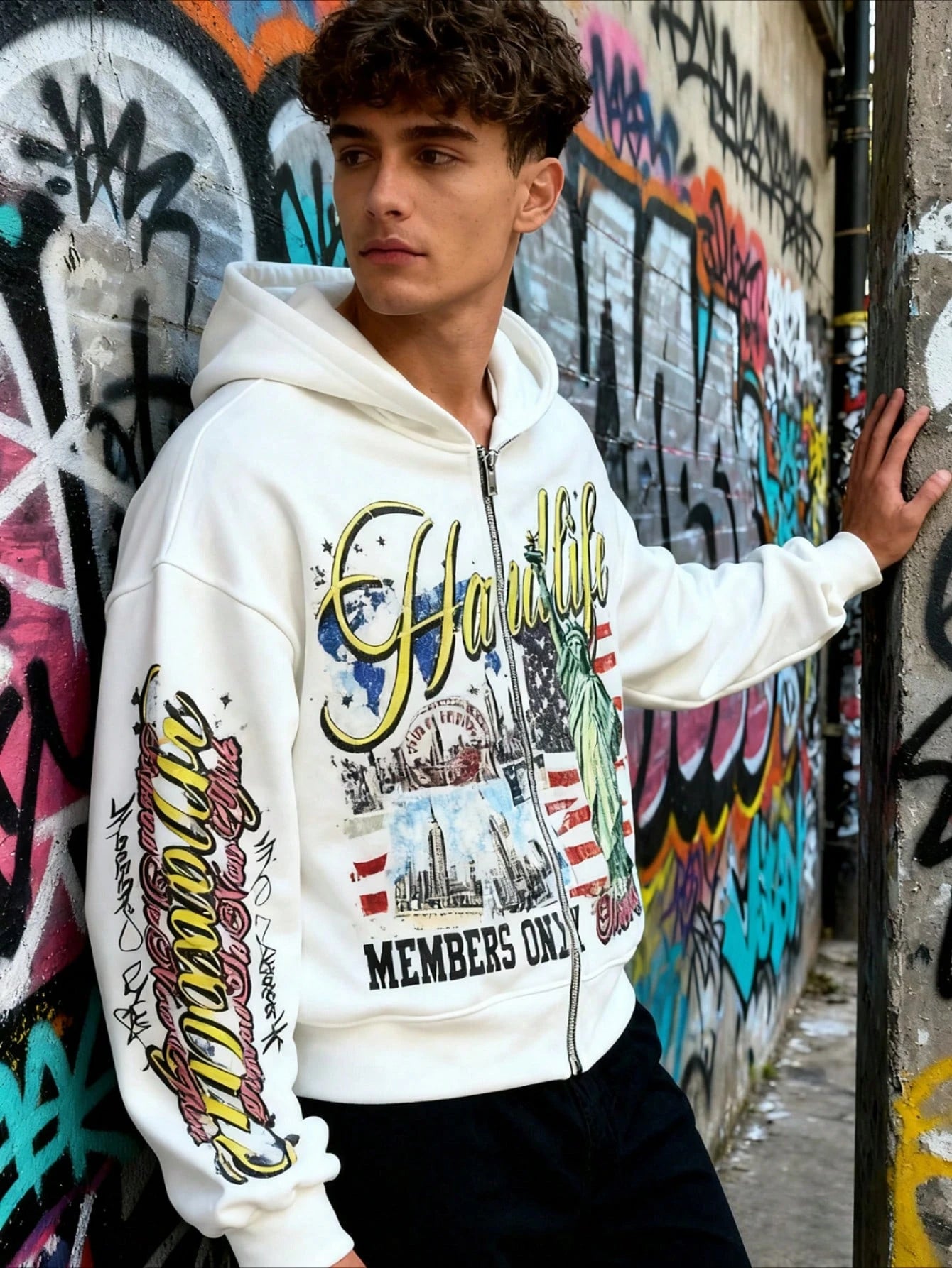 Yellow Y2K Graphic Print Zip Up Hoodie