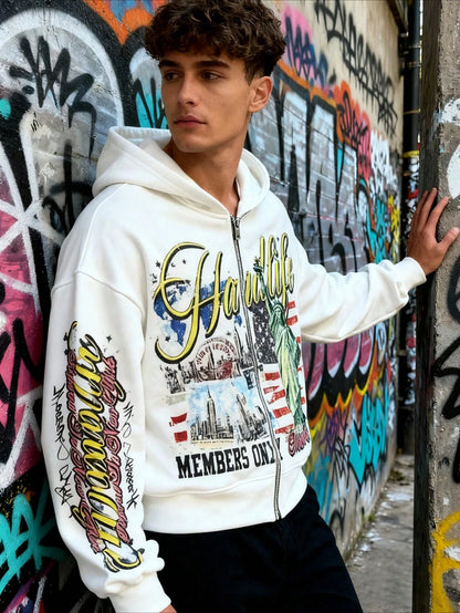 Yellow Y2K Graphic Print Zip Up Hoodie