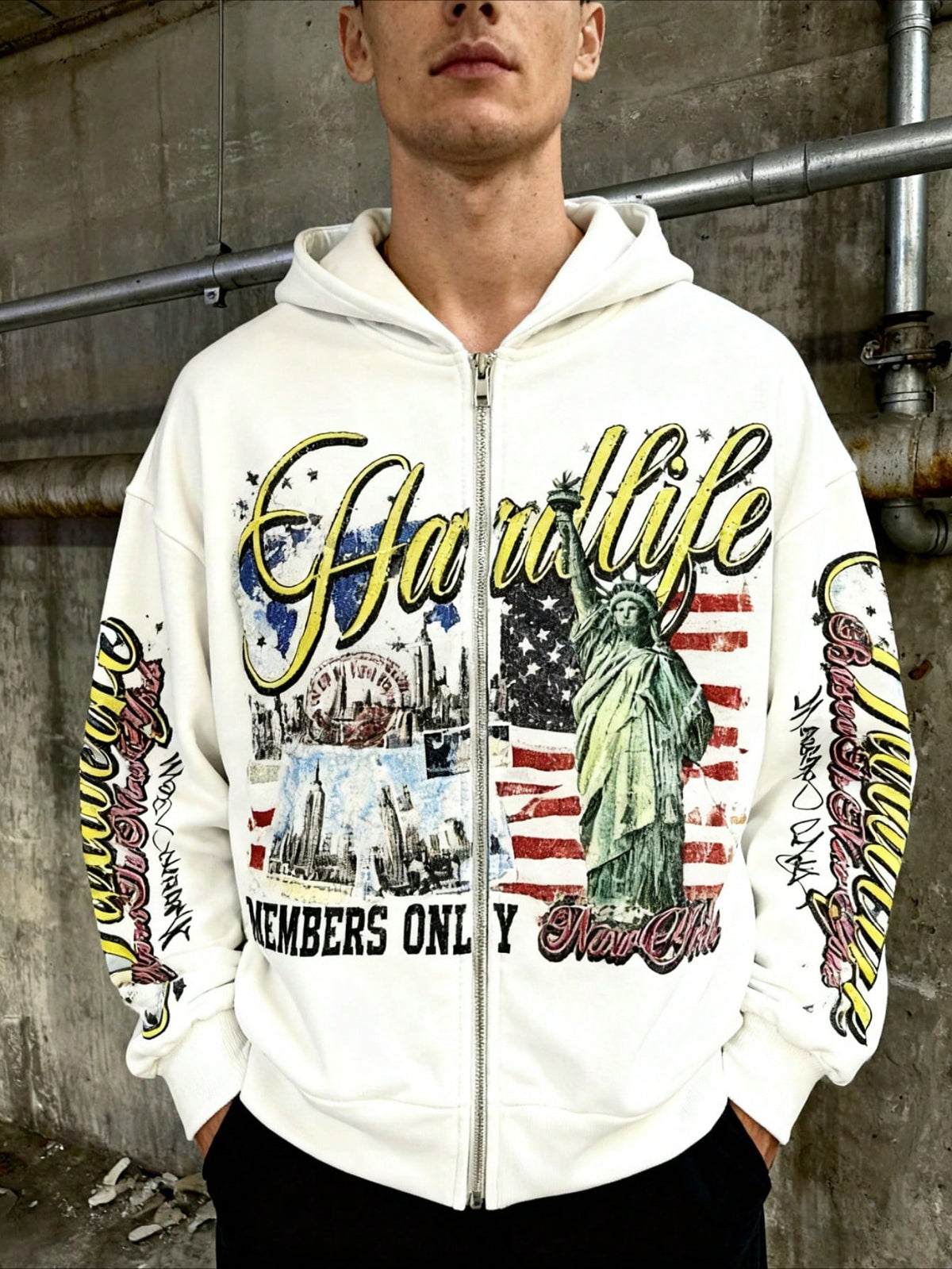 Yellow Y2K Graphic Print Zip Up Hoodie