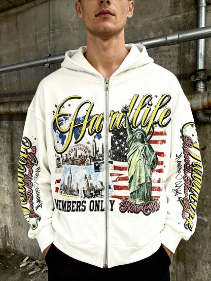 Yellow Y2K Graphic Print Zip Up Hoodie