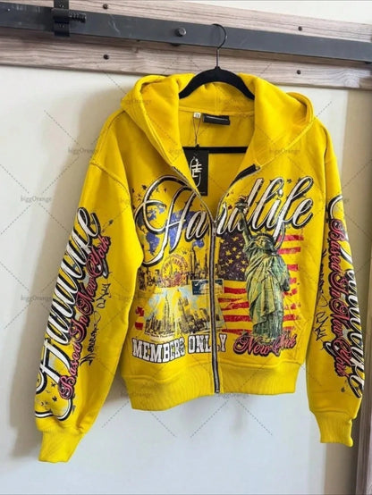 Yellow Y2K Graphic Print Zip Up Hoodie