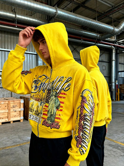 Yellow Y2K Graphic Print Zip Up Hoodie