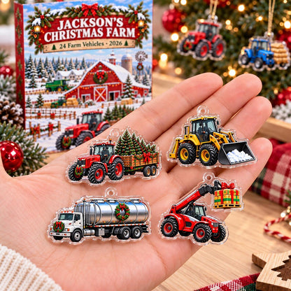 Personalized Farm Advent Calendar 2026, Tractor Christmas Countdown, Farm Vehicle Ornaments, Custom Name Gift for Boys and Tractor Lovers