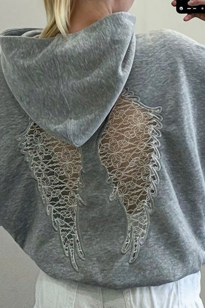 Lace Wing Back Cropped Zip Up Hoodie