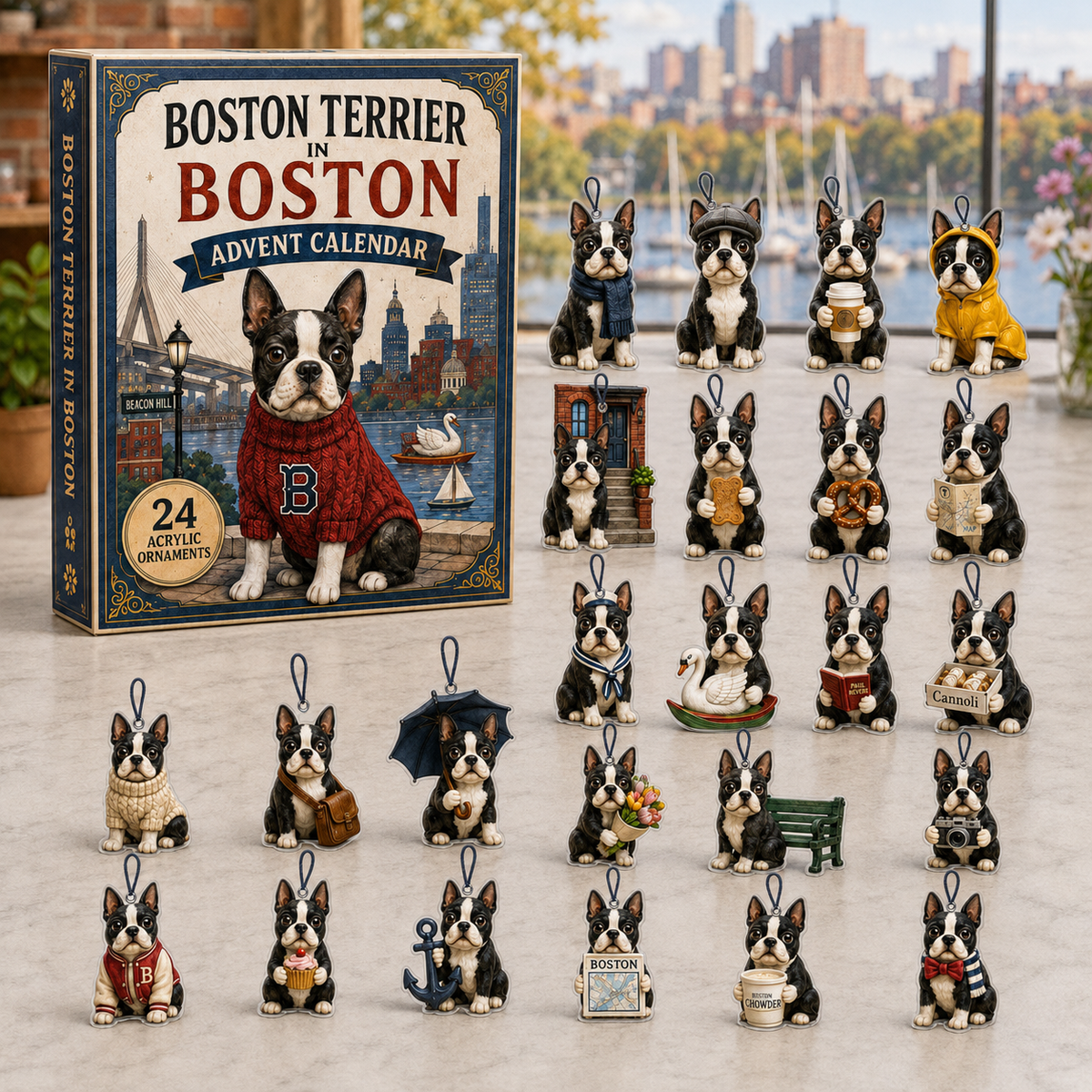 Boston Terrier In Boston Advent Calendar 2026 - 24-Day Festive Countdown, Acrylic Charms Blind Box - Gift For Dog Lovers
