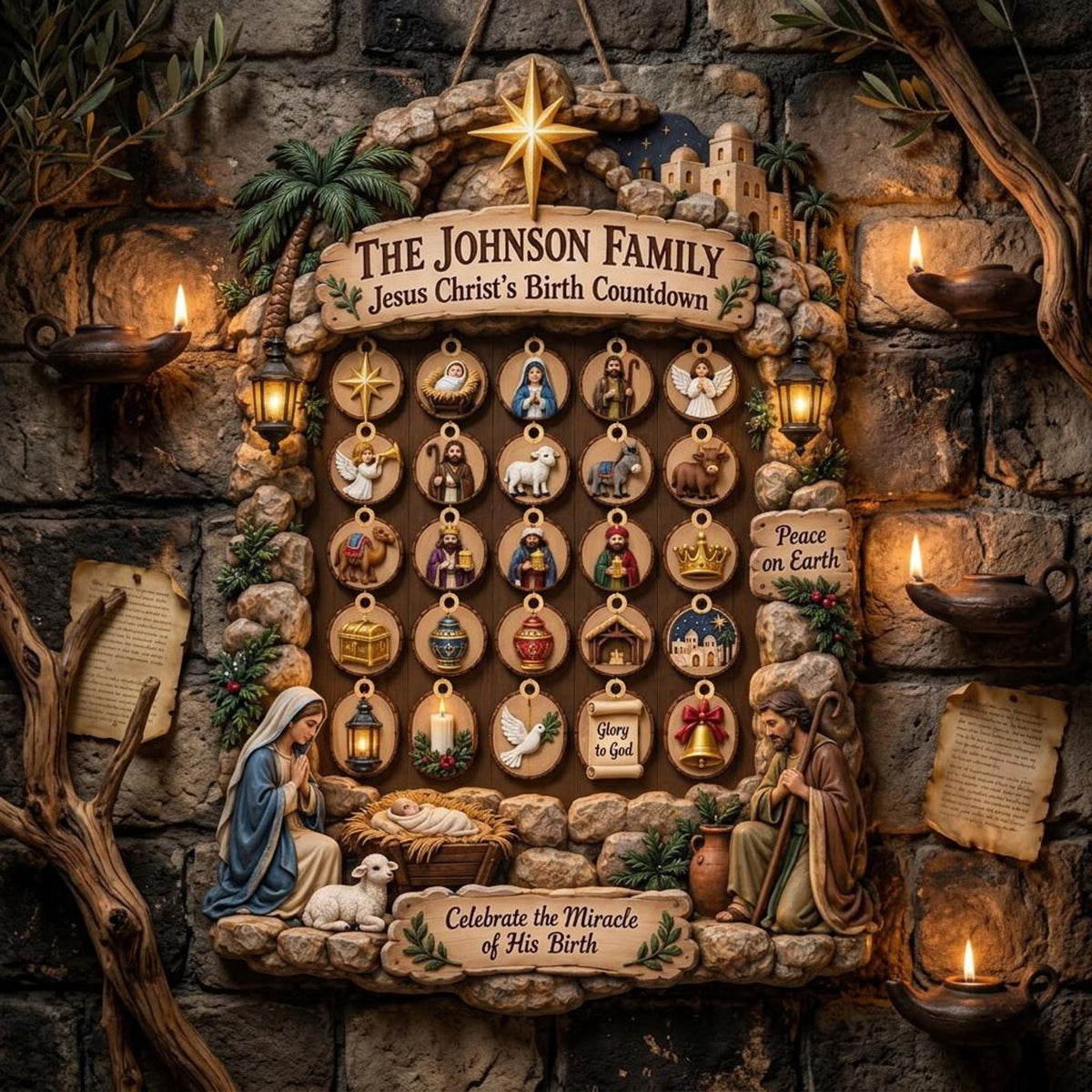 Personalized Nativity Advent Calendar: Custom Wood Christmas Countdown Sign with Hanging Ornaments