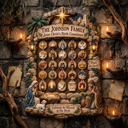 Personalized Nativity Advent Calendar: Custom Wood Christmas Countdown Sign with Hanging Ornaments