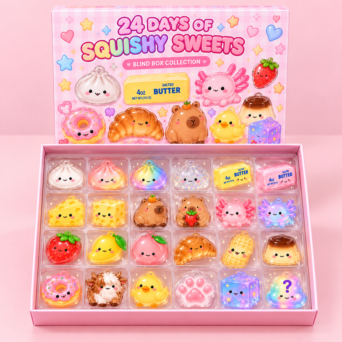 Trending Squishy Advent Calendar, Viral Squishy Blind Box, Kawaii Acrylic Ornaments for Kids, Boy Girl Christmas Gift, Dumpling Butter Cheese