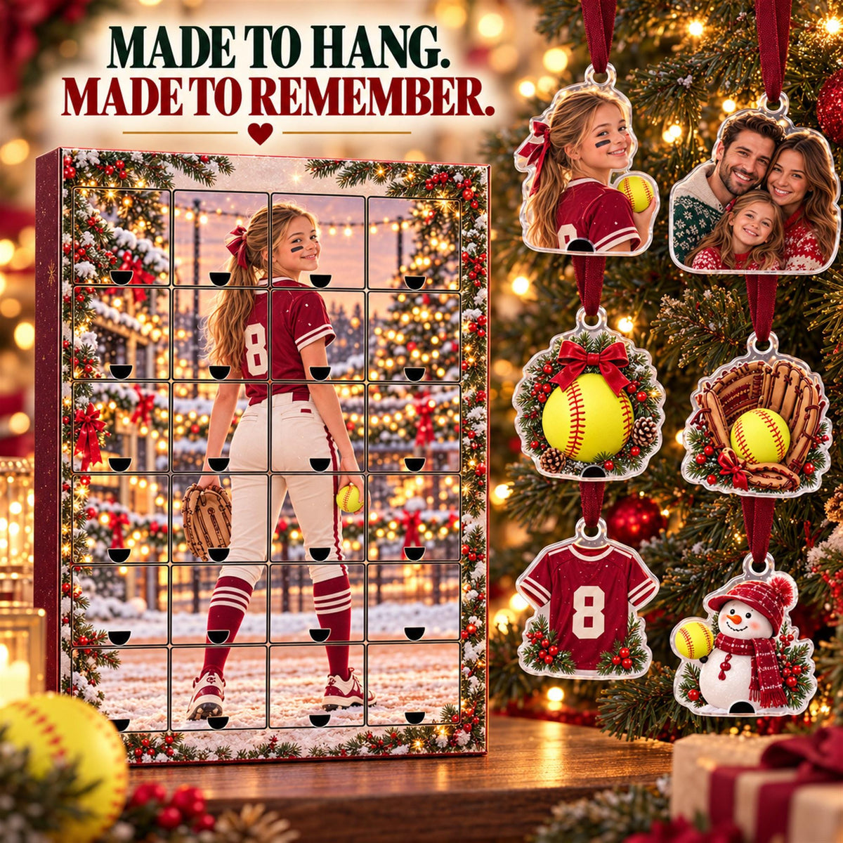 Personalized Softball Advent Calendar with 24 Custom Photo Acrylic Ornaments, Player Number Christmas Gift for Softball Family and Coach