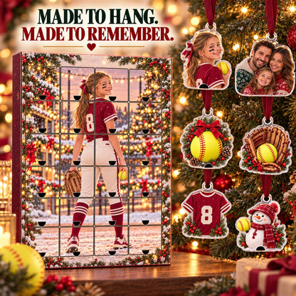 Personalized Softball Advent Calendar with 24 Custom Photo Acrylic Ornaments, Player Number Christmas Gift for Softball Family and Coach