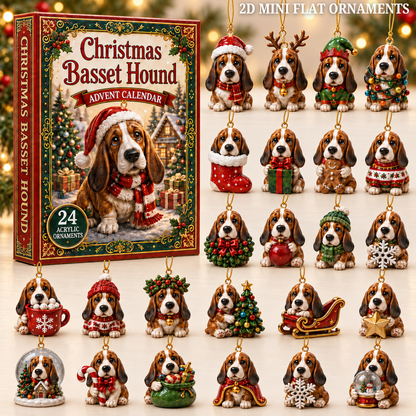 Christmas Basset Hound Advent Calendar 2026 - 24-Day Festive Countdown, Acrylic Charms Blind Box - Gift For Basset Hound Lovers