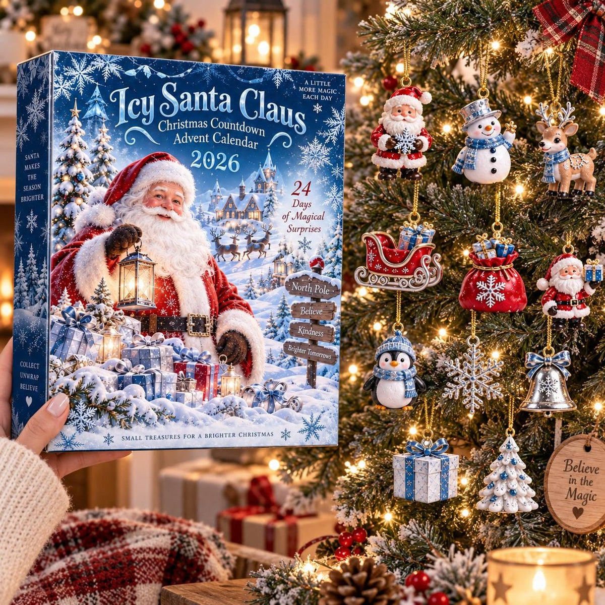 Christmas Advent Calendar 2026, 24 Days Christmas Countdown with Acrylic Ornaments, Santa Claus Holiday Gift for Kids and Family