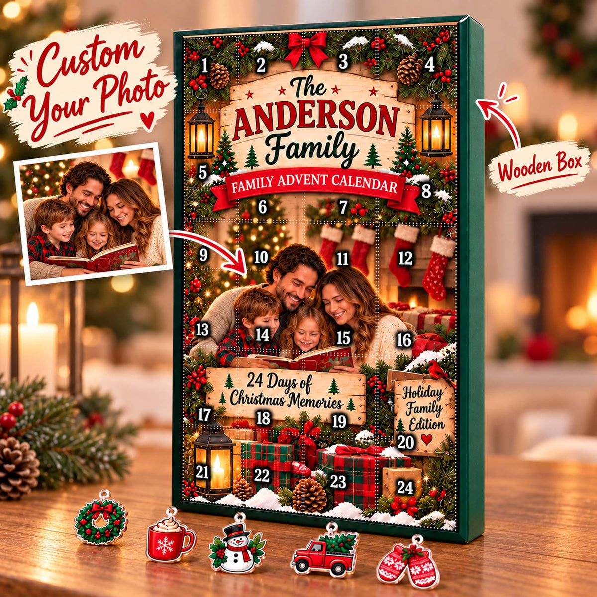 Personalized Family Christmas Advent Calendar 2026, Custom Family Name Blind Box, 24 Day Holiday Family Xmas Countdown Ornament Set