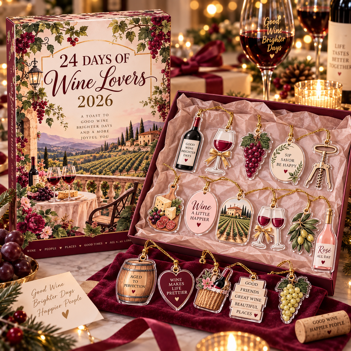 Wine Lovers Advent Calendar 2026, 24 Day Xmas Countdown, Wine Ornaments, Vineyard Holiday Gift, Sommelier Gift for Women, Wine Lover Decor