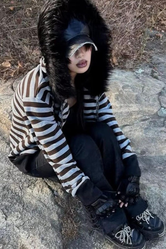 Striped Faux-Fur Hood Zip-Up Hoodie