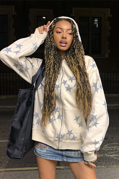 Star Print Oversize Pocket Zip Hoodie