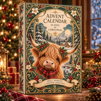 Highland Cow Christmas Advent Calendar 2026, 24-Day Holiday Countdown with 24 Hanging Cow Charms, Art Nouveau Christmas Gift