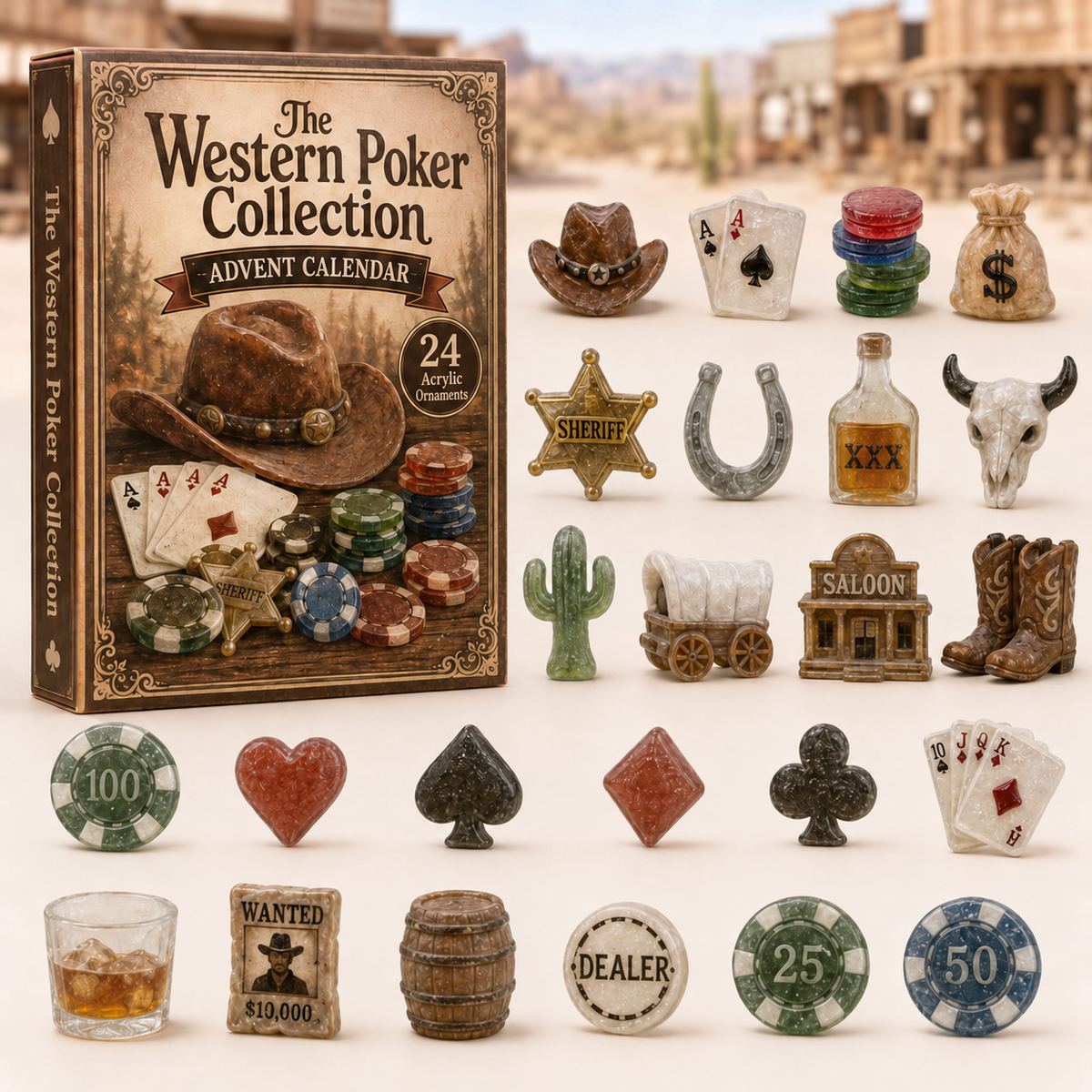 CHRISTMAS KICKOFF 40% OFF - Western Poker Collection Advent Calendar 2026 - 24-Day Festive Countdown, Acrylic Charms Blind Box - Gift For Poker Lovers AC0TH016
