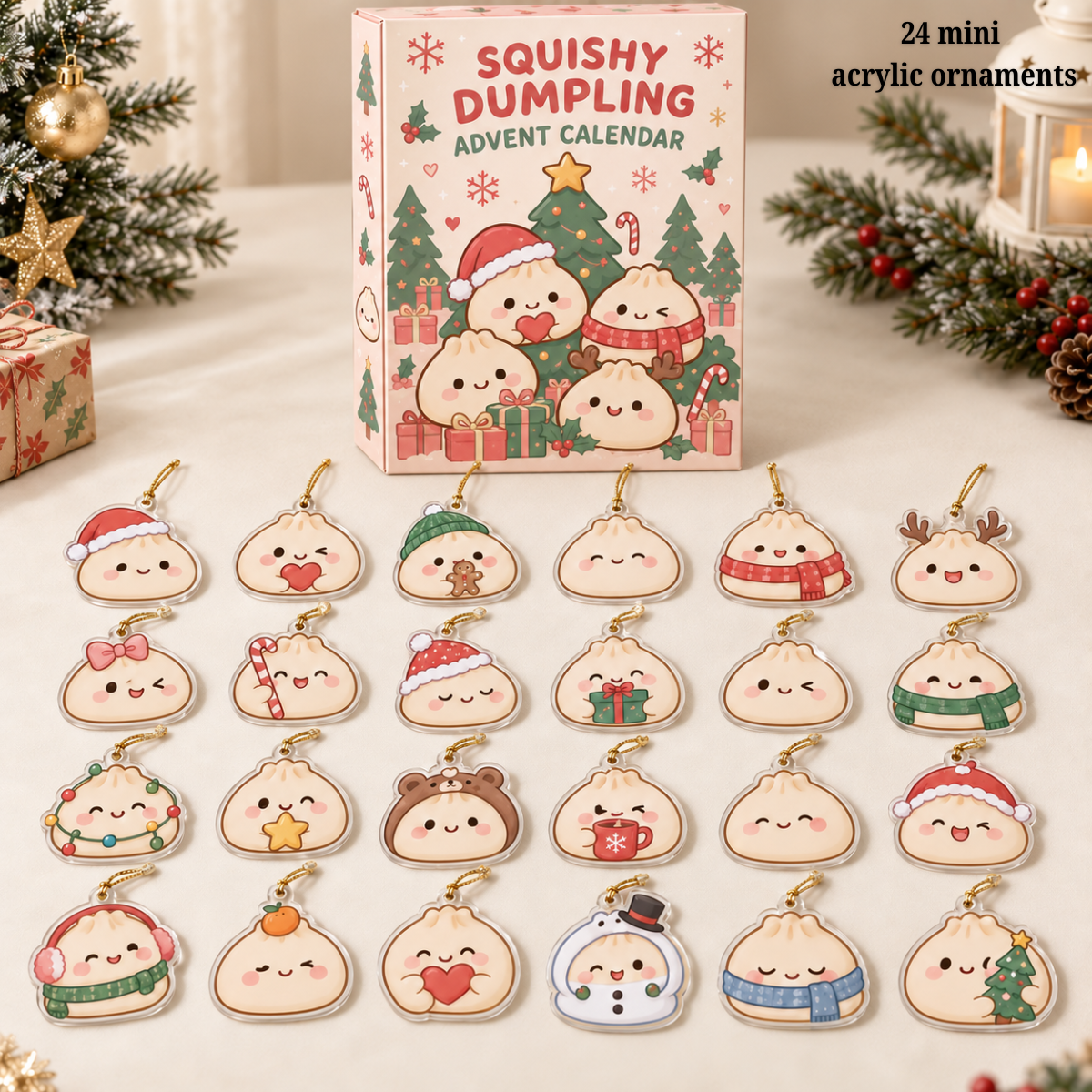 Squishy Dumpling Advent Calendar 2026 – 24-Day Cute Flat Acrylic Ornament Countdown Box, Kawaii Christmas Gift for Dumpling Lovers