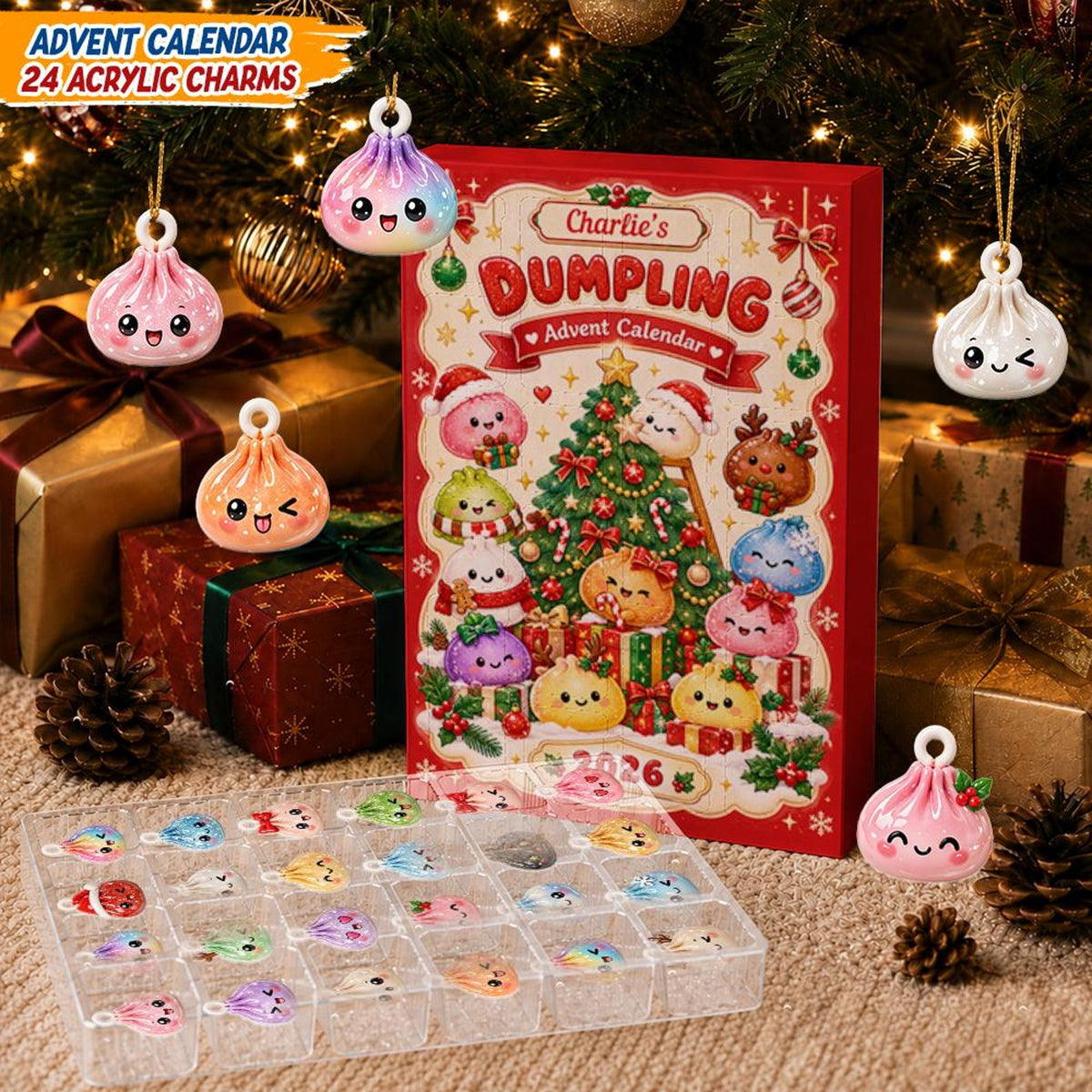 Personalized Dumpling Advent Calendar, 24 Acrylic Charms, Custom Name, 2026 Countdown, Asian Food Keepsake