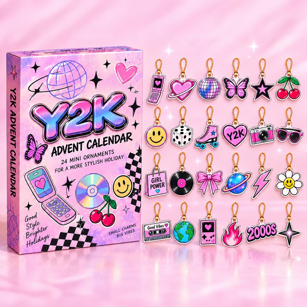 Y2K Advent Calendar 2026, 24 Mini Retro Ornaments - 2000s Fashion Charms, Cute Christmas Countdown Gift
