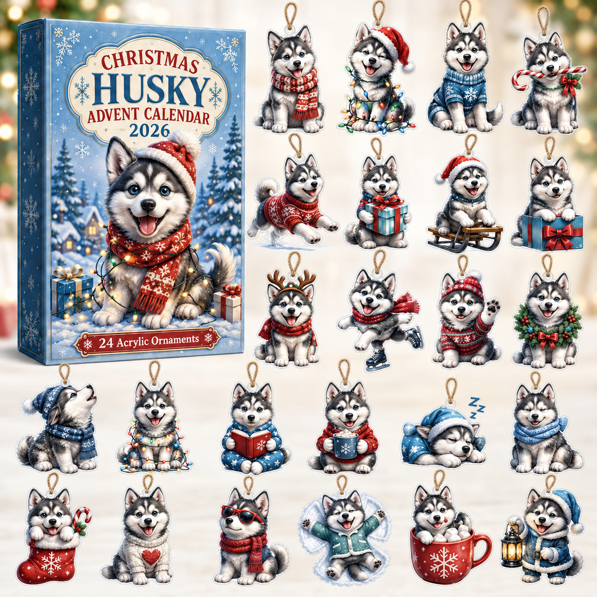 Christmas Husky Advent Calendar 2026 - 24-Day Festive Countdown, Acrylic Charms Blind Box - Gift For Husky Lovers