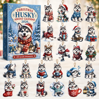 Christmas Husky Advent Calendar 2026 - 24-Day Festive Countdown, Acrylic Charms Blind Box - Gift For Husky Lovers