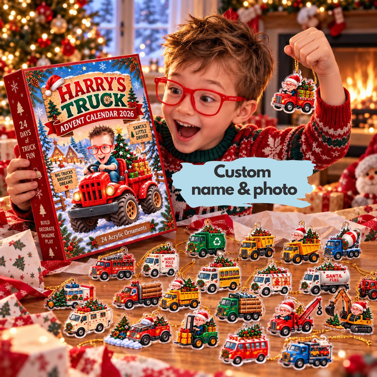 Personalized Truck Advent Calendar 2026, Custom Photo & Name, 24 Acrylic Truck Ornaments, Kids Christmas Countdown, Truck Lover Gift